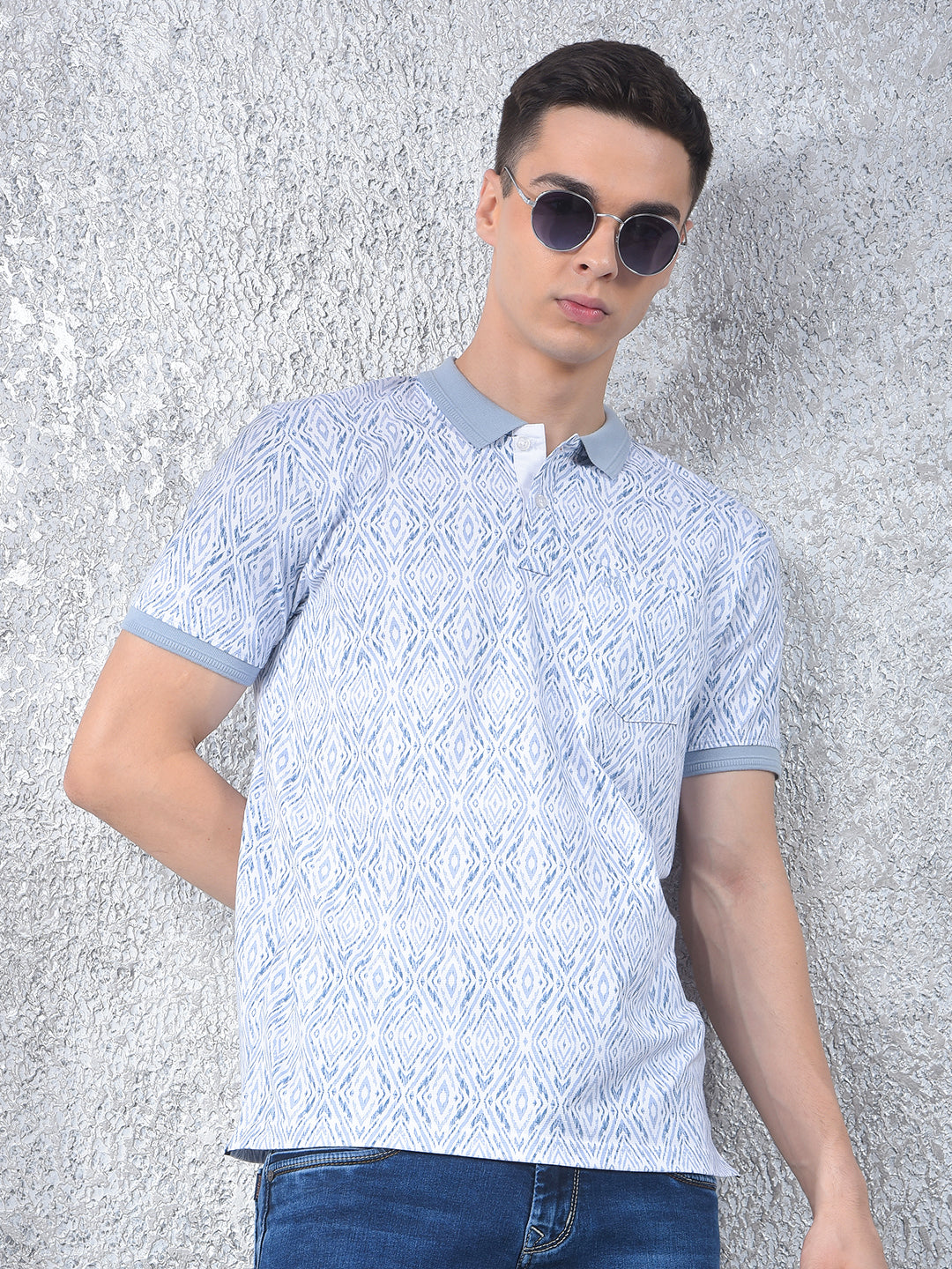 Blue Printed Polo Neck T-Shirt