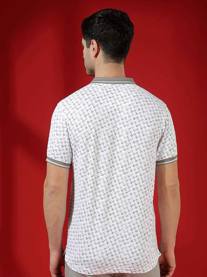 Grey Geometric Print Polo T-Shirt