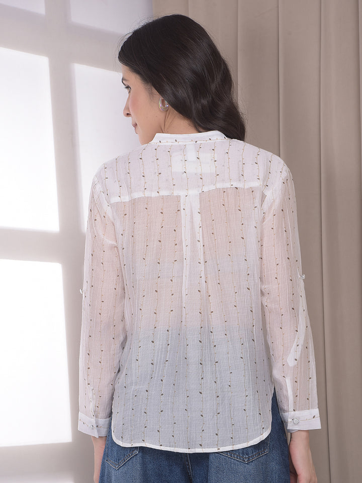 White Botanical Print V-Neck Top