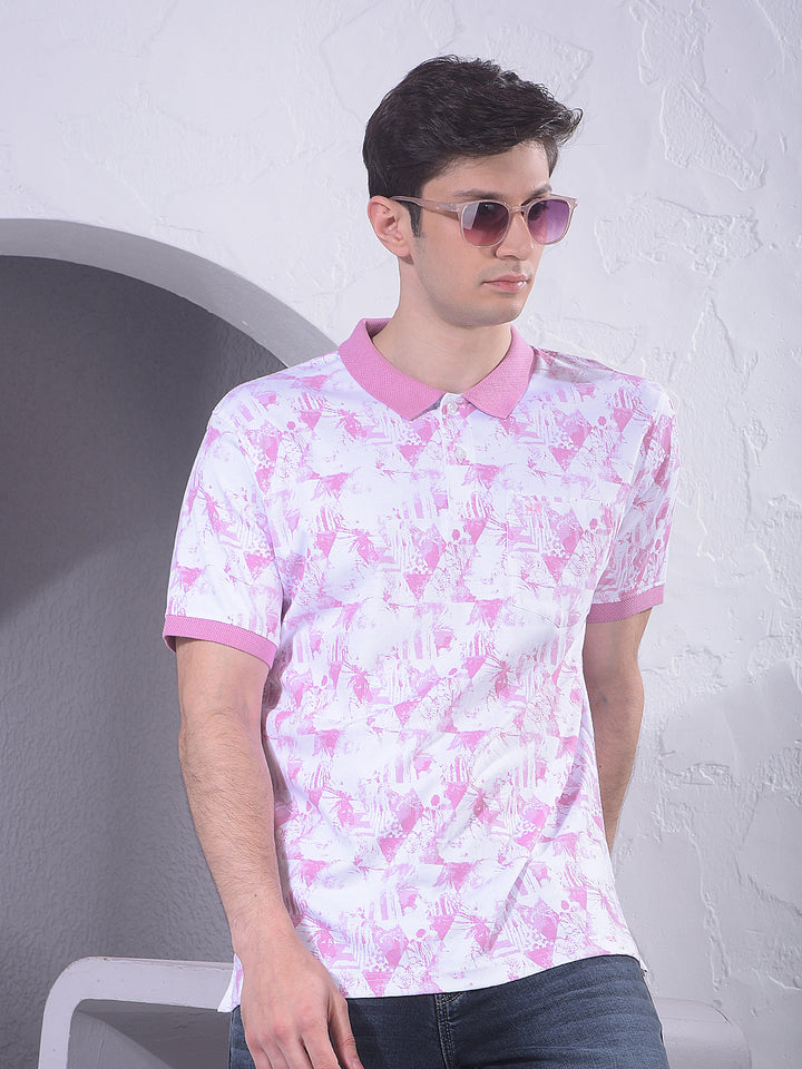 Pink Printed Polo Neck 100% Cotton T-Shirt
