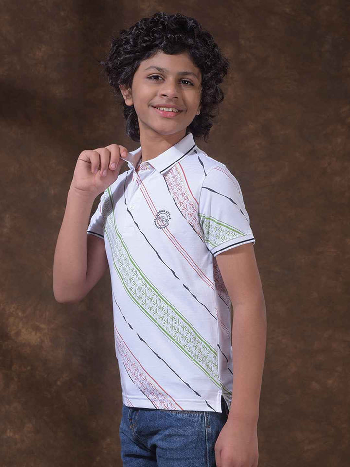 White Printed Polo Neck T-Shirt