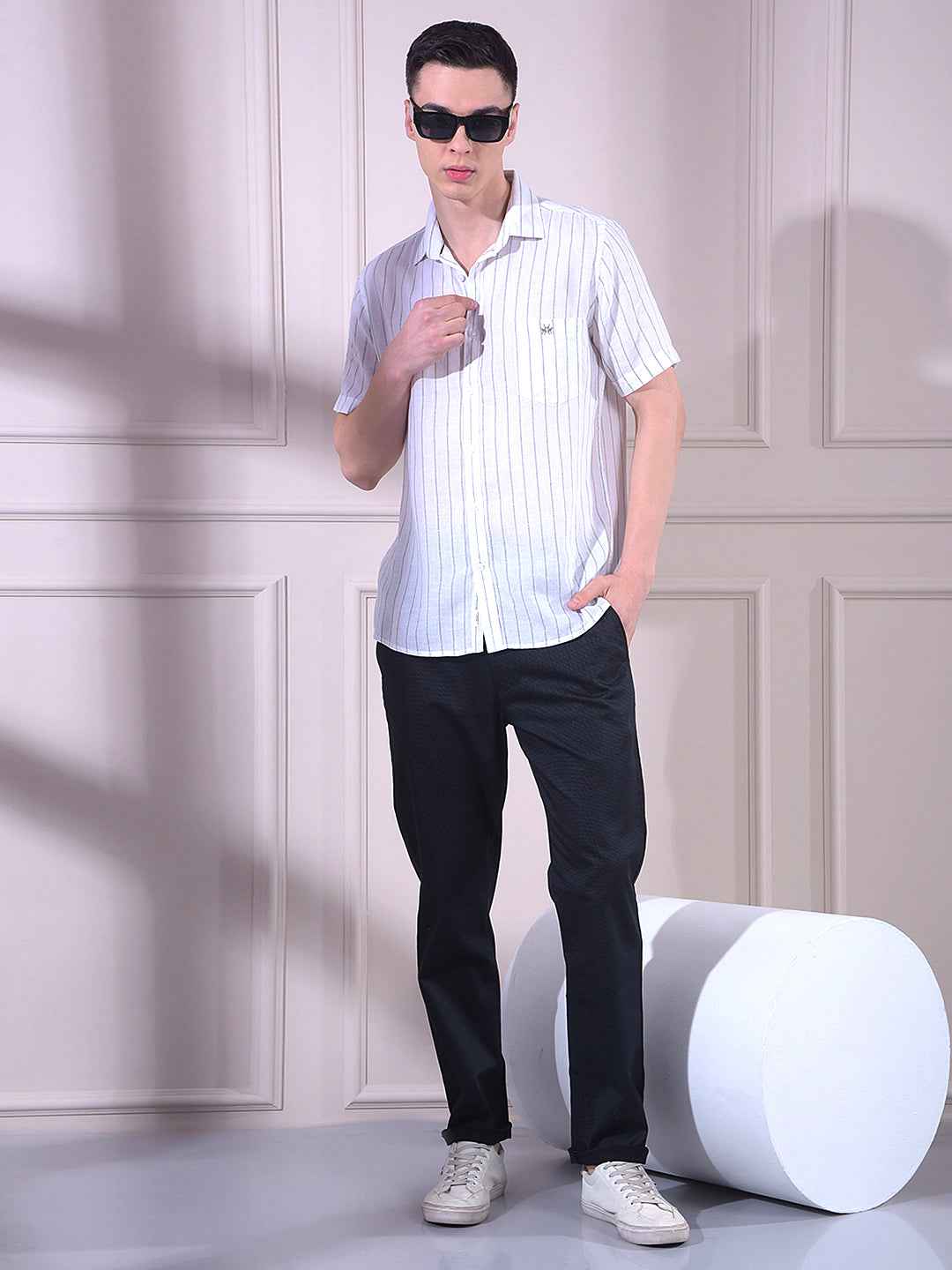 White Vertical Stripes Linen Shirt