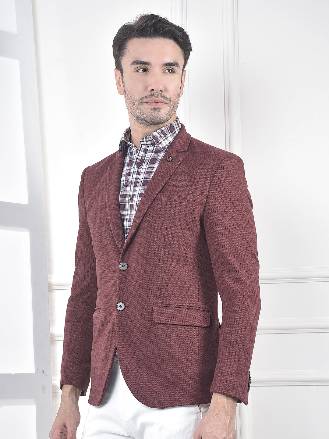 Maroon Textured Single-Breasted Blazer