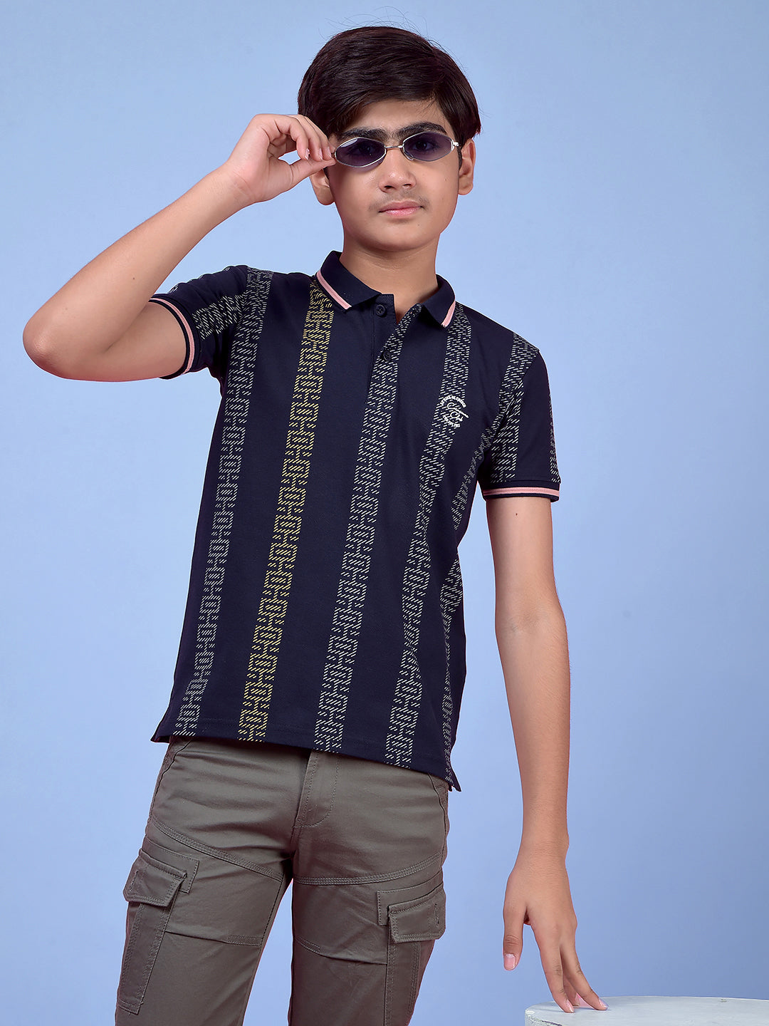 Navy Blue Printed Polo Neck T-Shirt