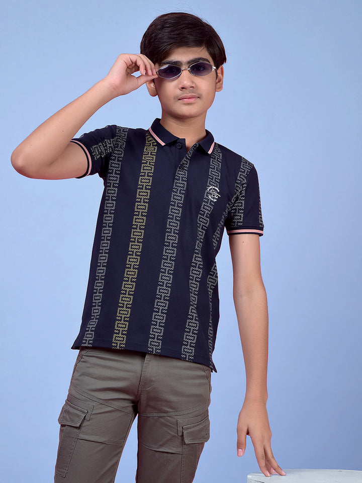Navy Blue Printed Polo Neck T-Shirt
