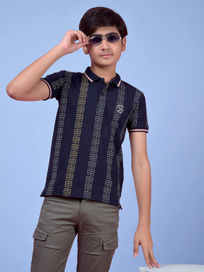 Navy Blue Printed Polo Neck T-Shirt