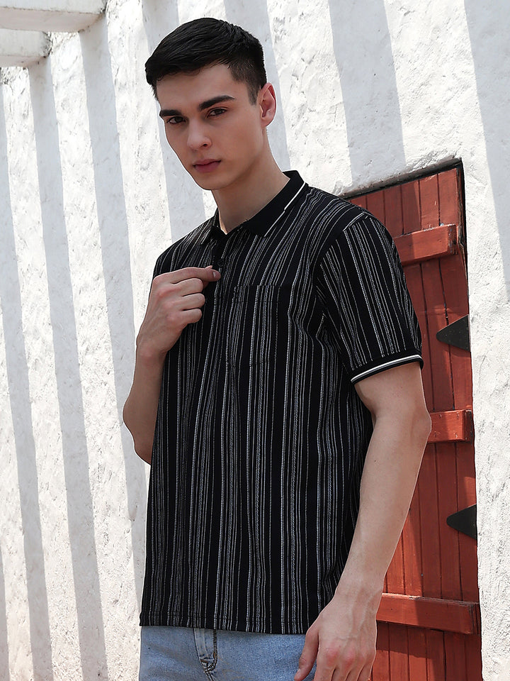 Black Vertical Stripes Polo Neck T-Shirt