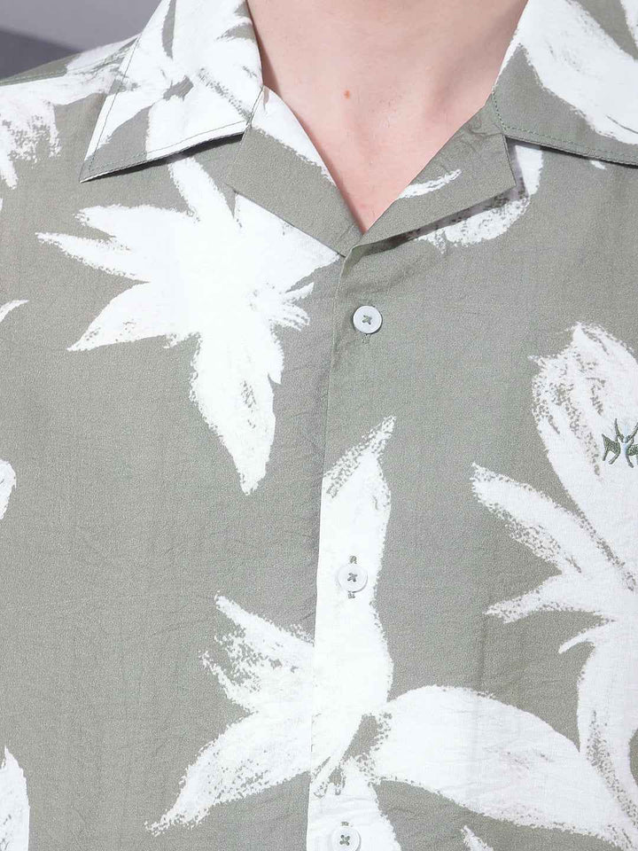 Green Floral Print Resort-Collar Shirt