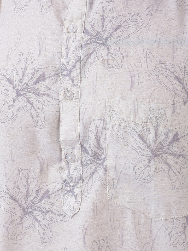 Green Floral Print Linen Kurta