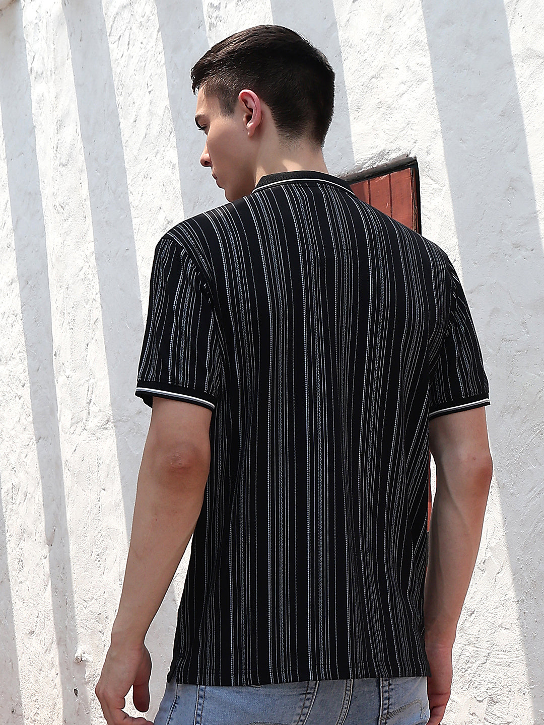 Black Vertical Stripes Polo Neck T-Shirt