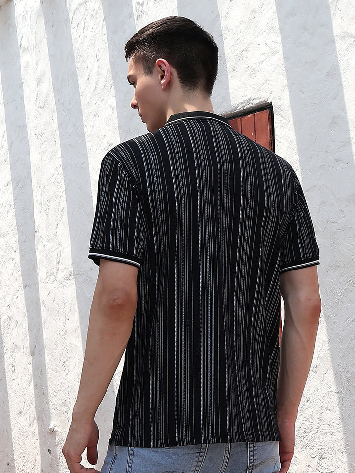 Black Vertical Stripes Polo Neck T-Shirt