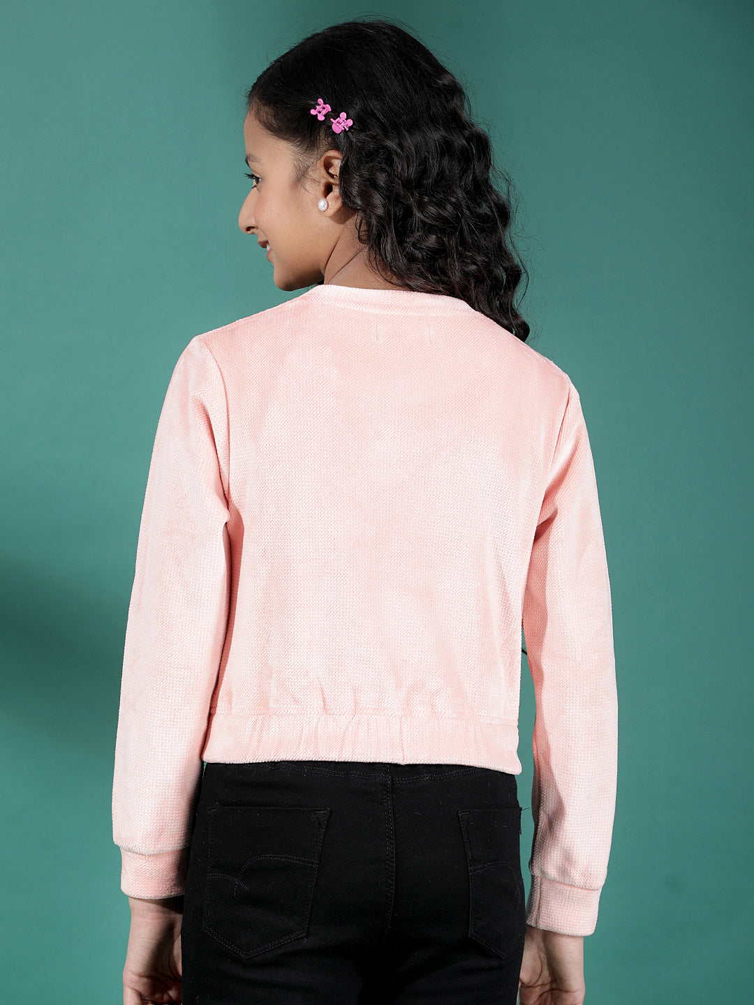 Pink Graphic Print Crop-Length Sweatshirt-Girls Sweatshirts-Crimsoune Club
