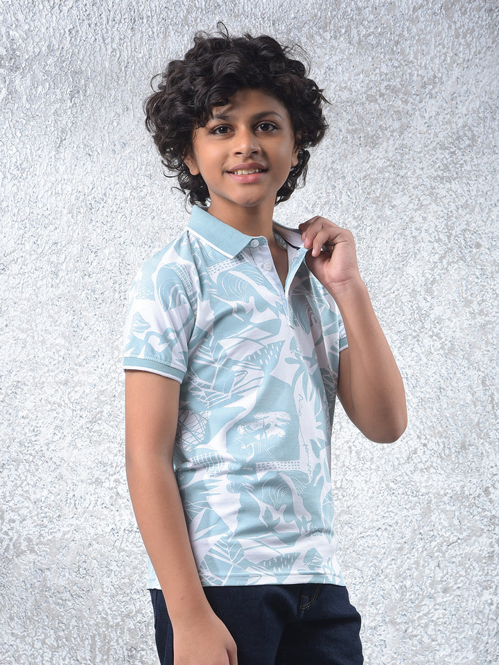 Blue Printed Polo Neck T-Shirt