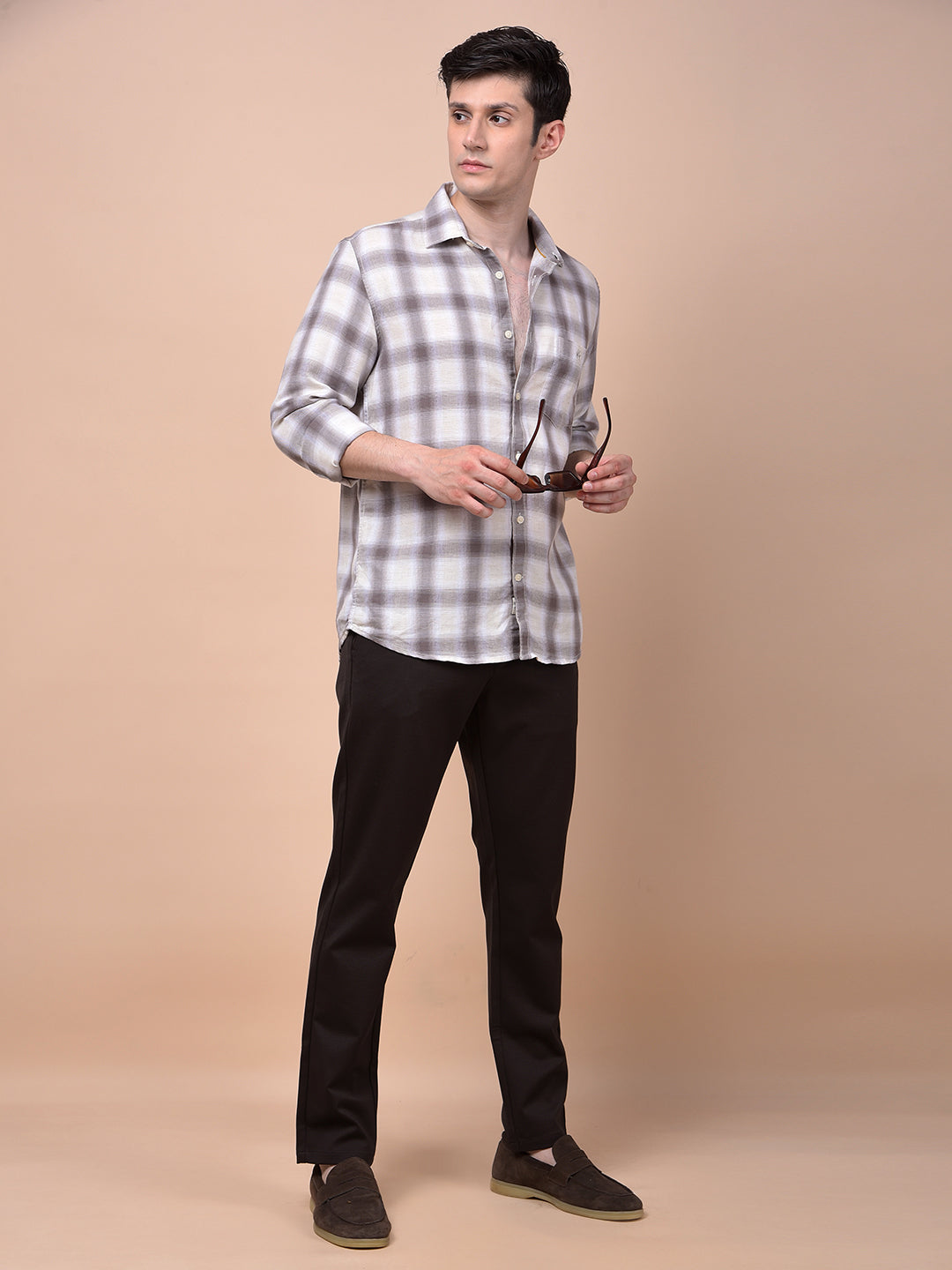 Brown Checked Linen Shirt