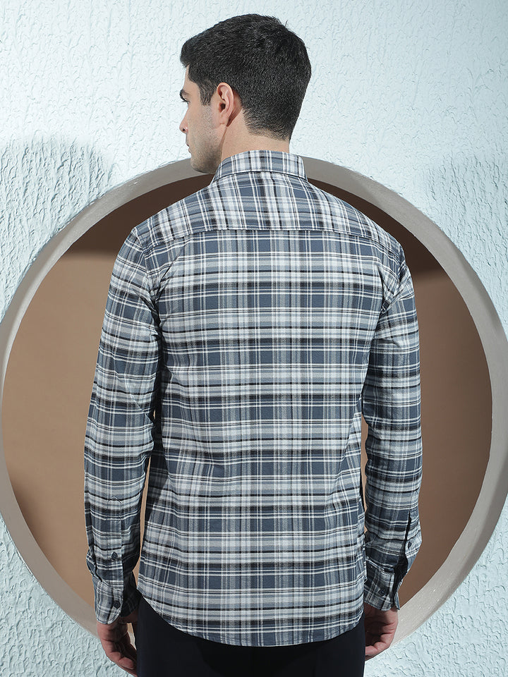 Navy Blue 100% Cotton Checked Shirt