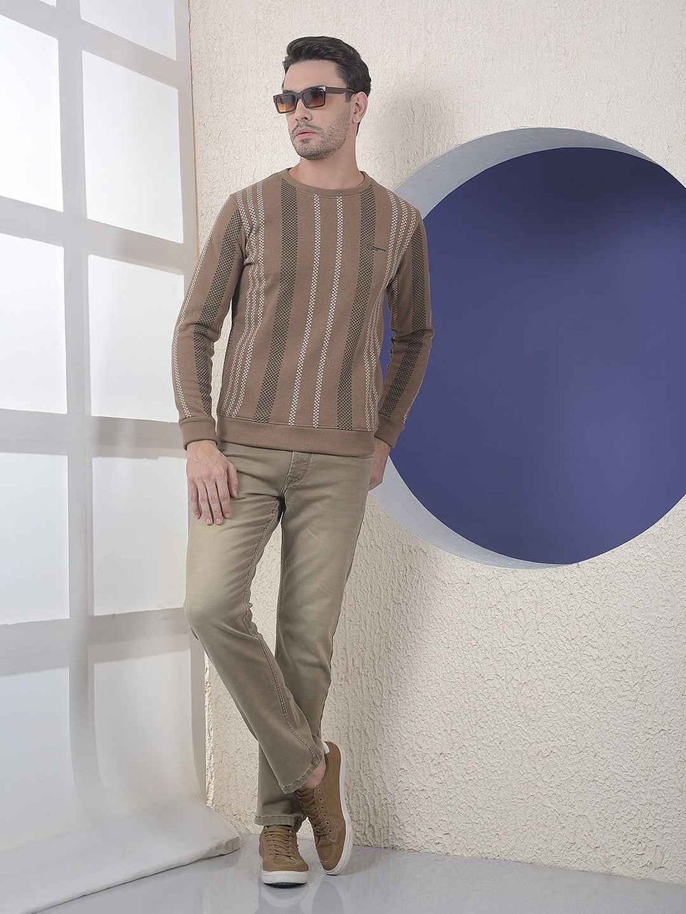 Brown Vertical Striped Round Neck Sweatshirt