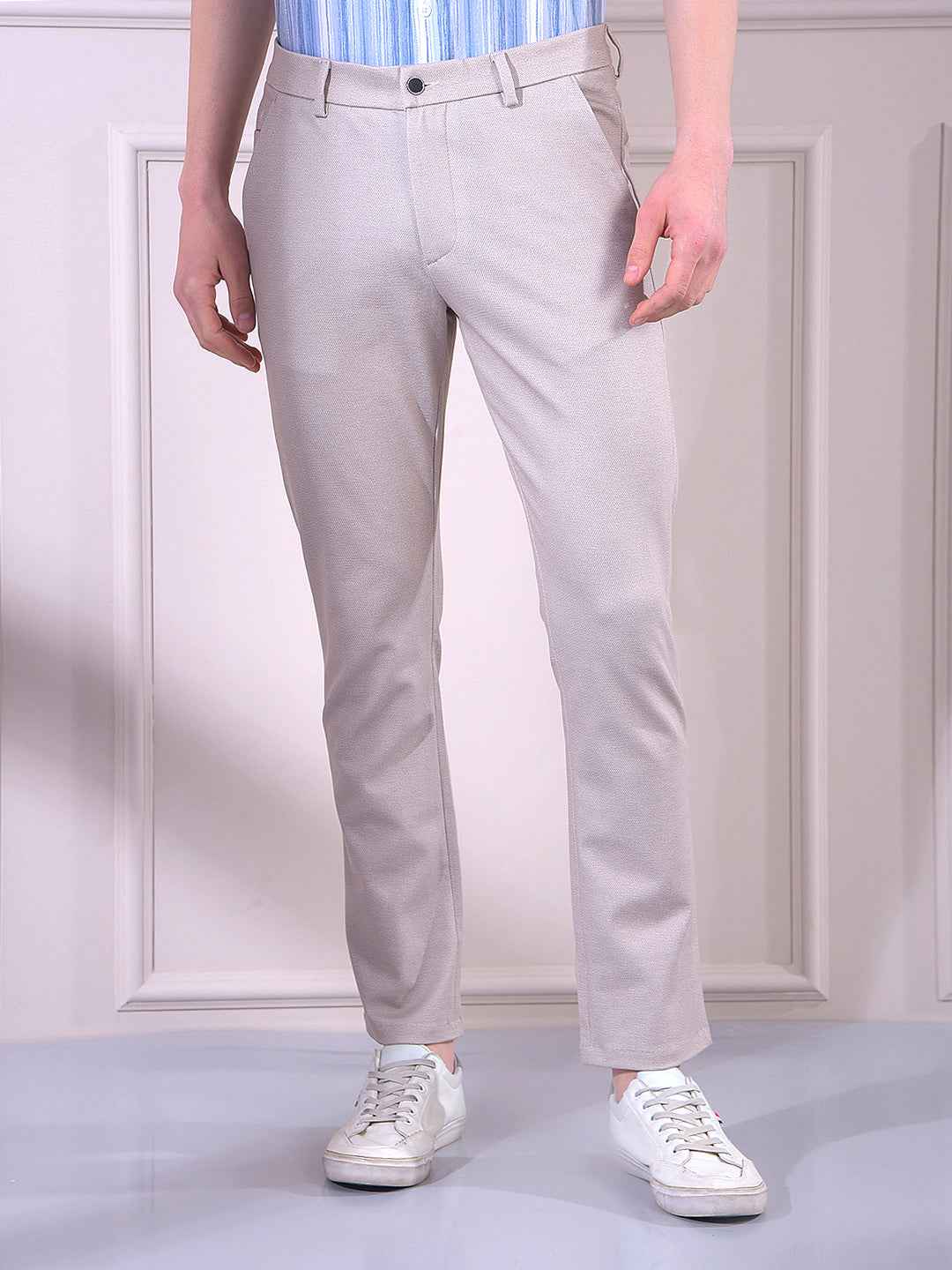 Beige Printed Knitted Trousers