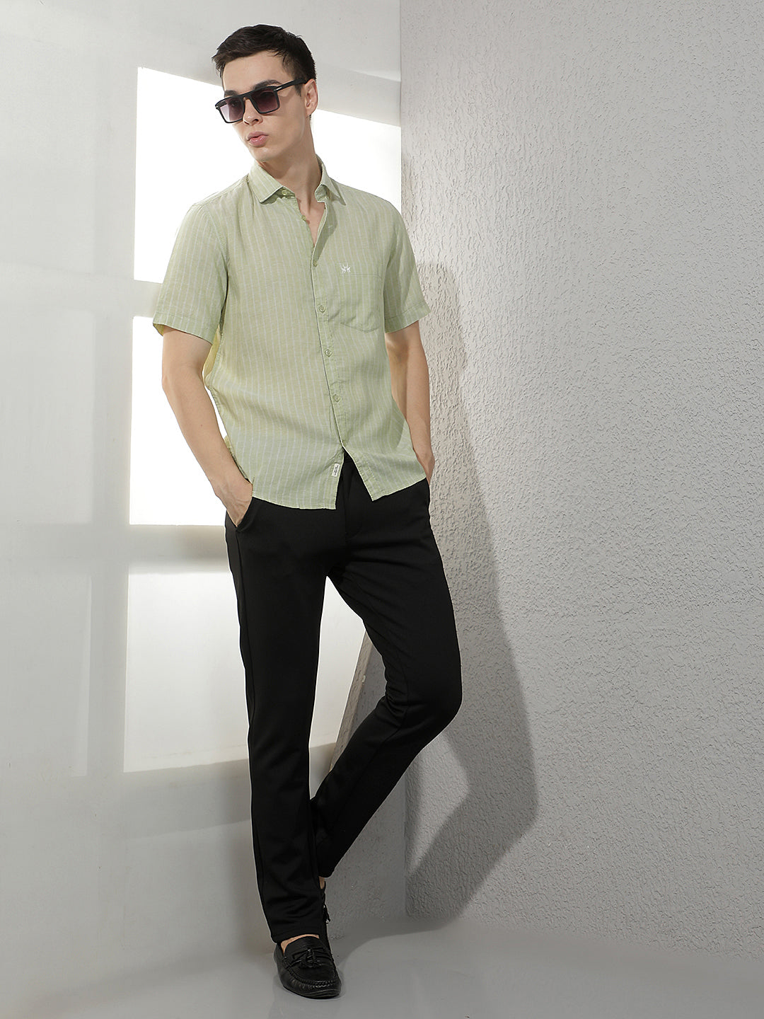 Green Vertical Striped Linen Shirt