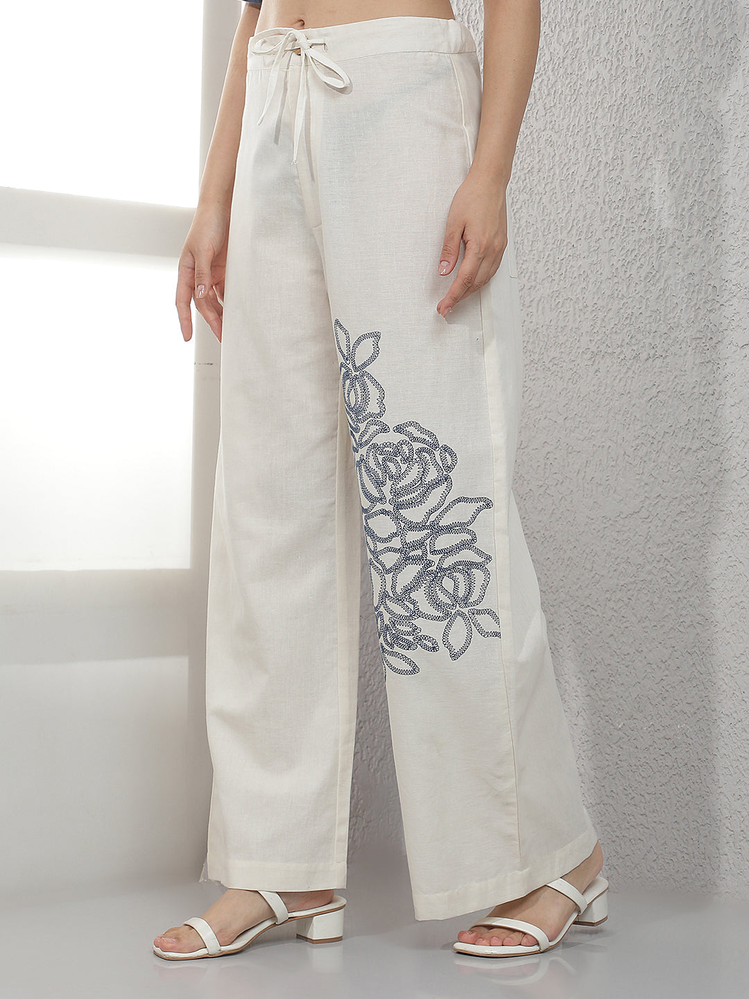 Off White Embroidered Casual Trousers