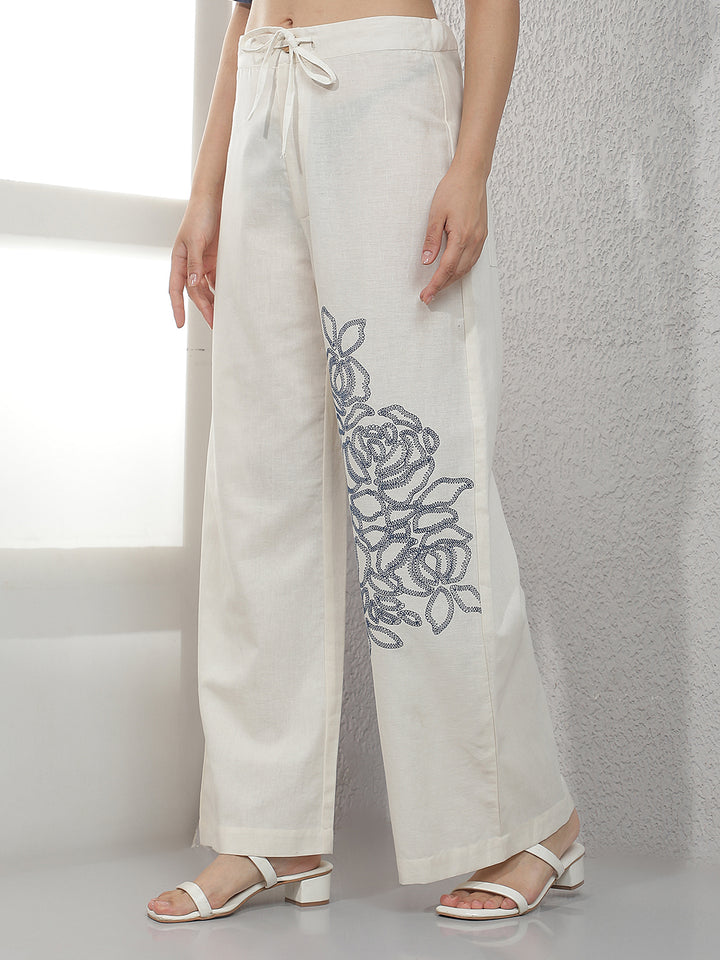 Off White Embroidered Casual Trousers