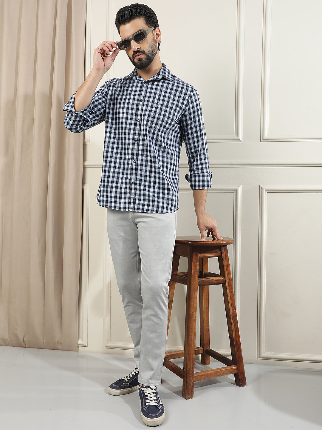 Navy Blue Checked 100% Cotton Shirt