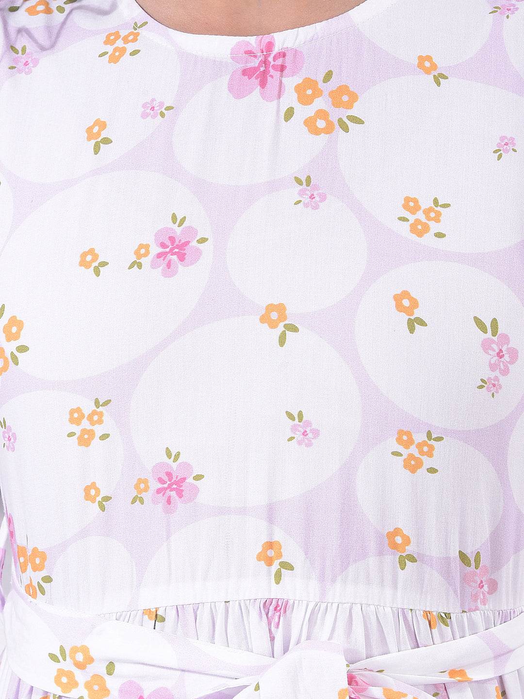 Orange Floral Print 100% Cotton With Belt Mini Dress