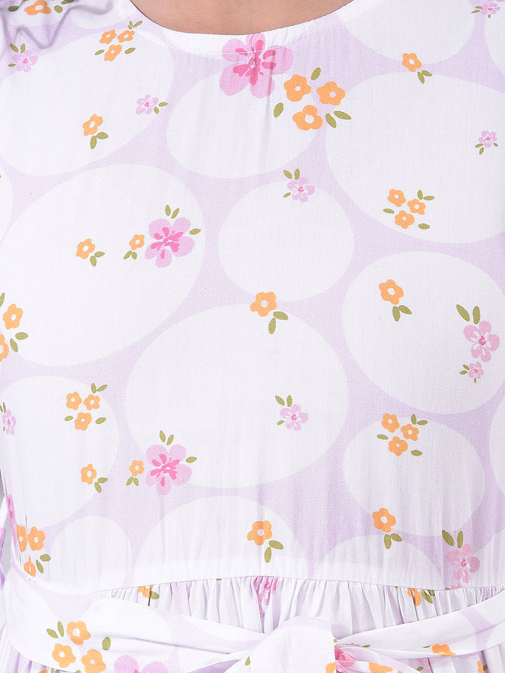 Orange Floral Print 100% Cotton With Belt Mini Dress