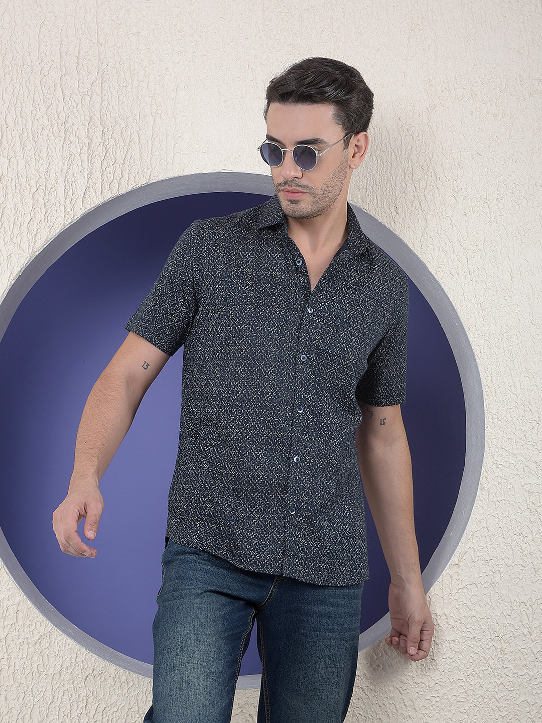 Navy Blue Floral Print Shirt