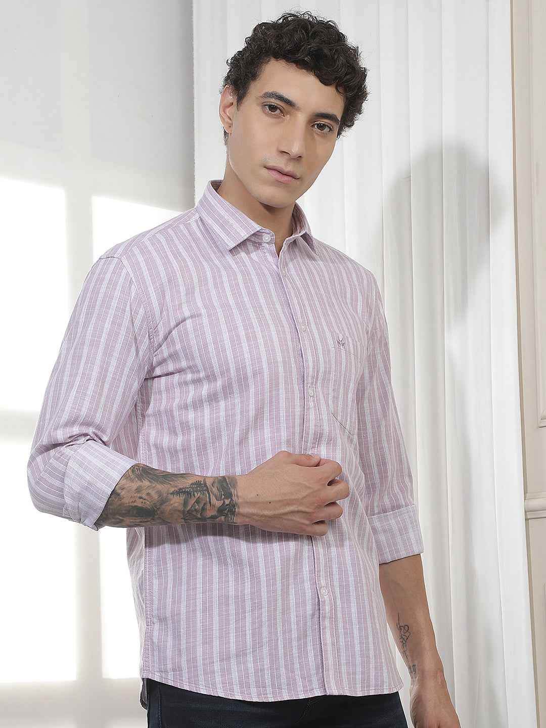 Purple Vertical Striped 100% Cotton Shirt
