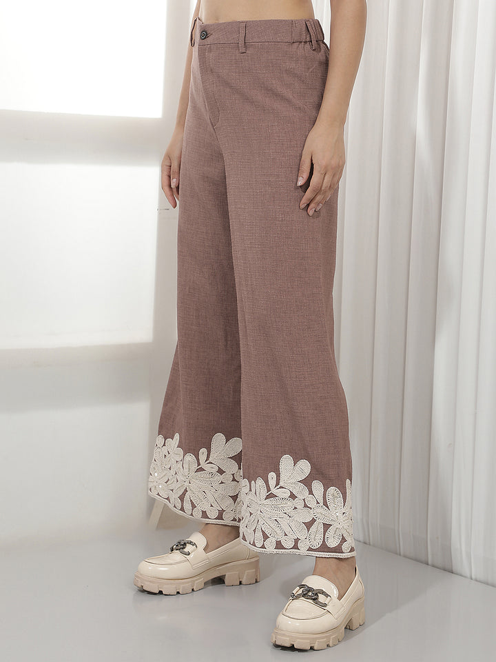 Brown Embroidered 100% Cotton Wide Leg Trousers