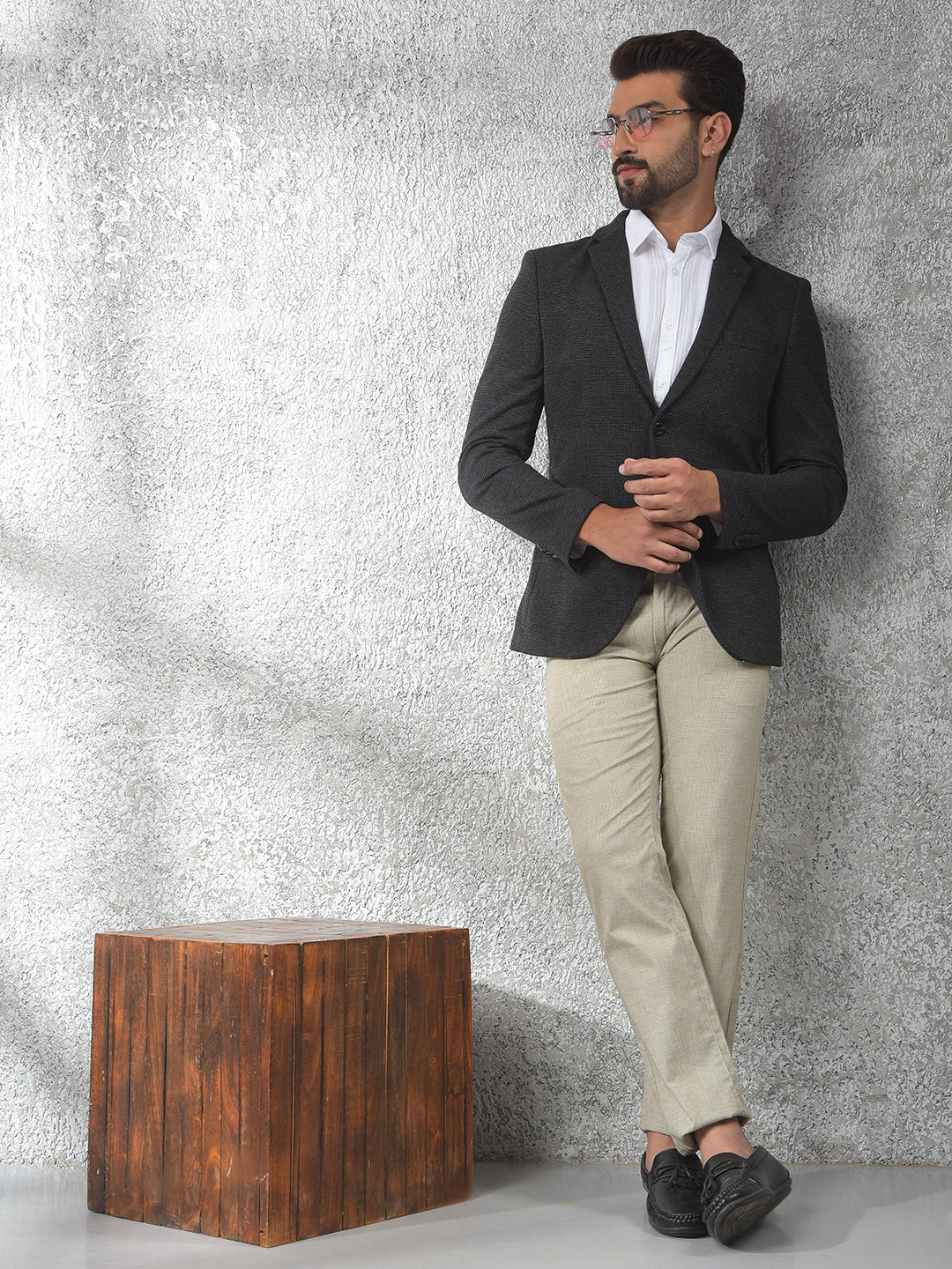 Grey Notched Lapel Single-Breasted Blazer