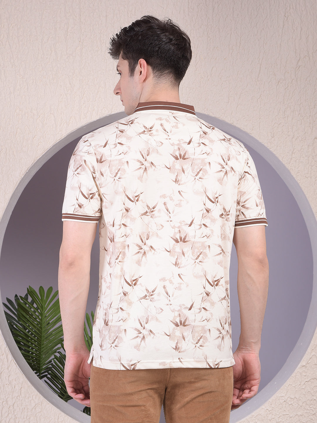 Brown Floral Print Polo-Neck T-Shirt