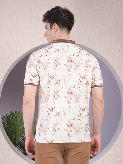 Brown Floral Print Polo-Neck T-Shirt