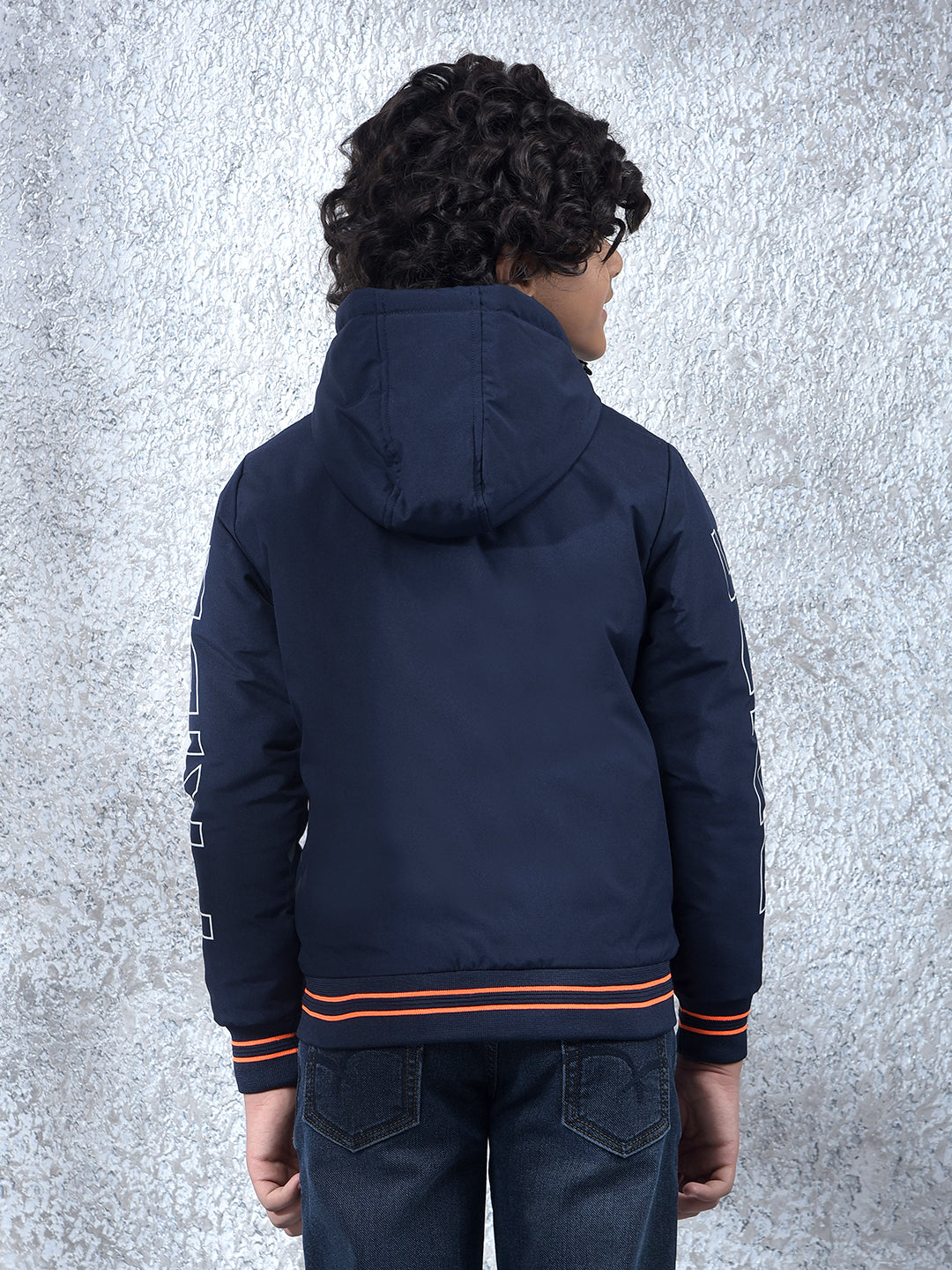 Navy Blue Typographic Print Hooded Neck Bomber Jacket