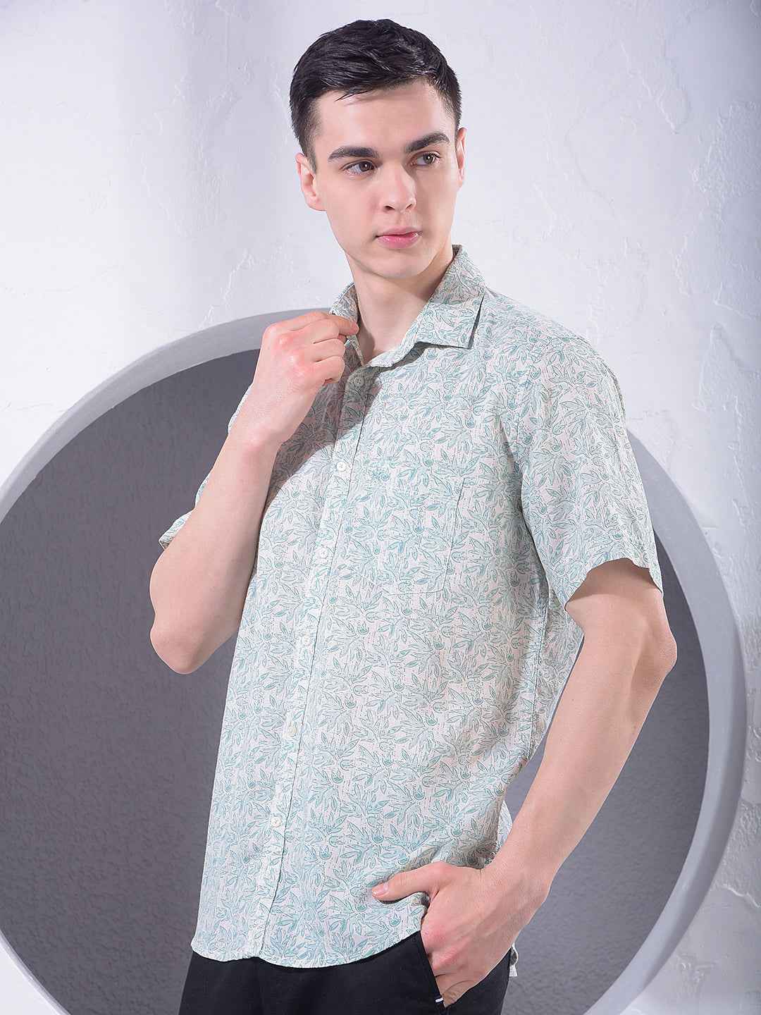 Green Floral Print Linen Shirt