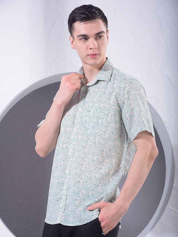 Green Floral Print Linen Shirt