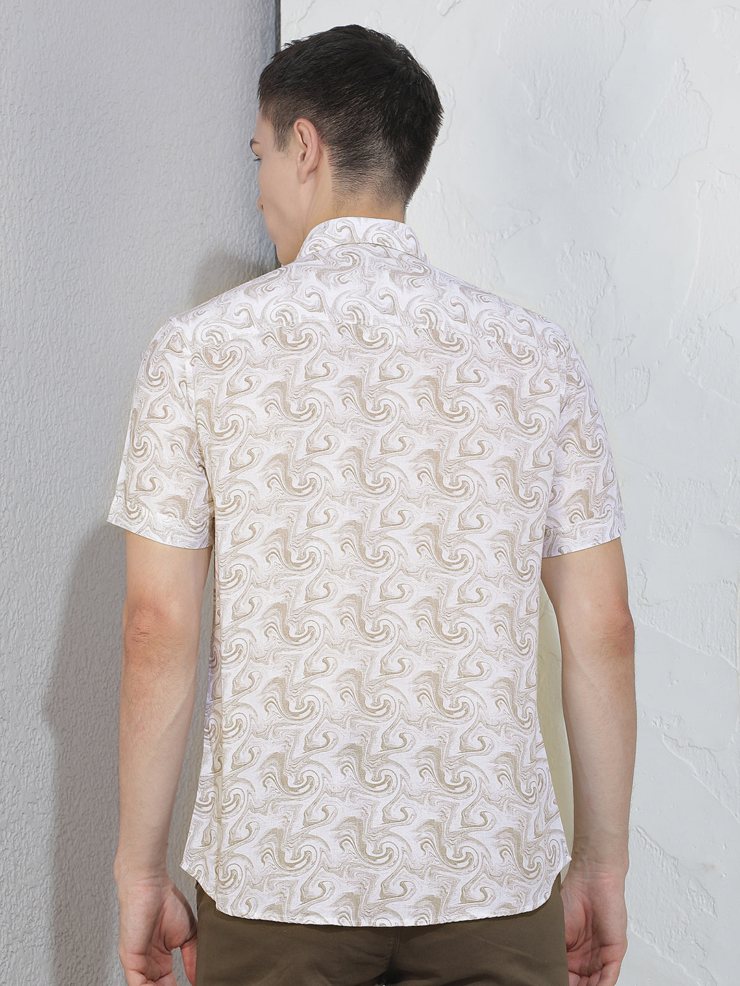 Beige Abstract Print Linen Shirt