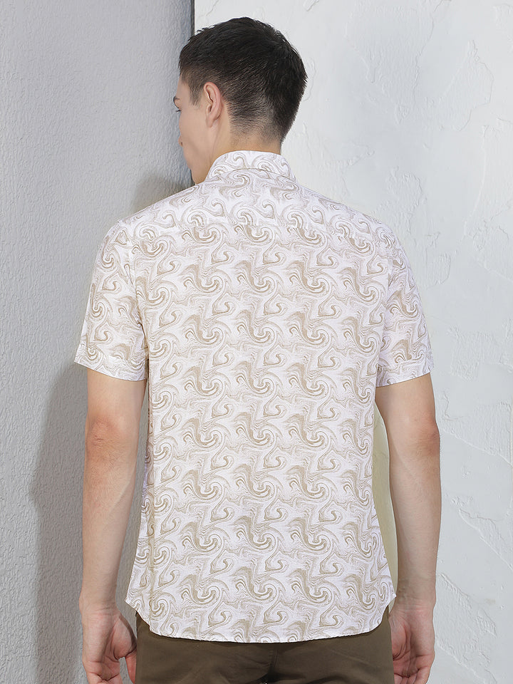 Beige Abstract Print Linen Shirt