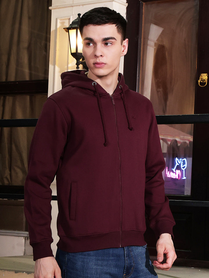 Maroon Hooded Neck Front Open Sweatshirt