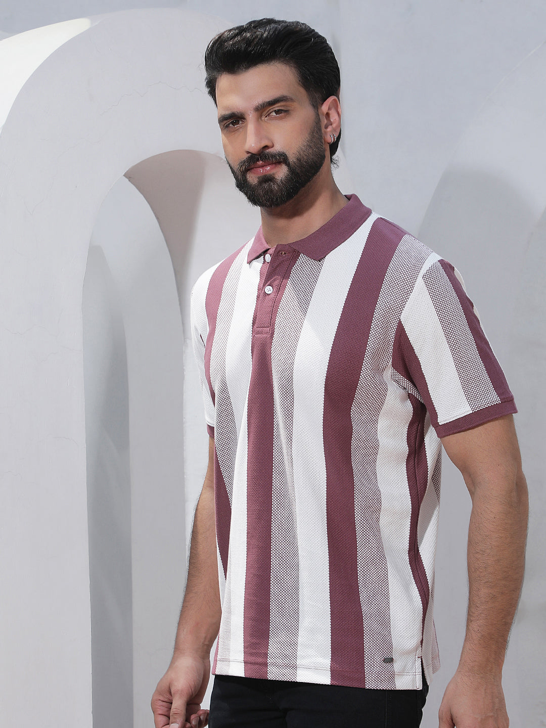 Purple Vertical Striped Polo Neck T-Shirt