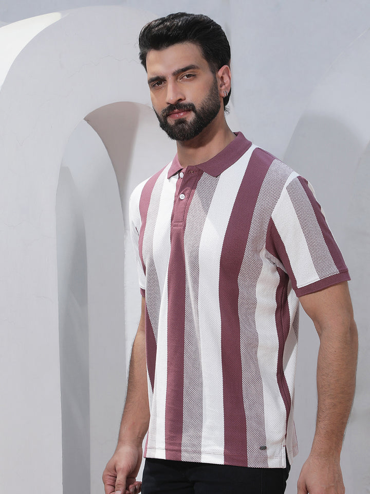 Purple Vertical Striped Polo Neck T-Shirt