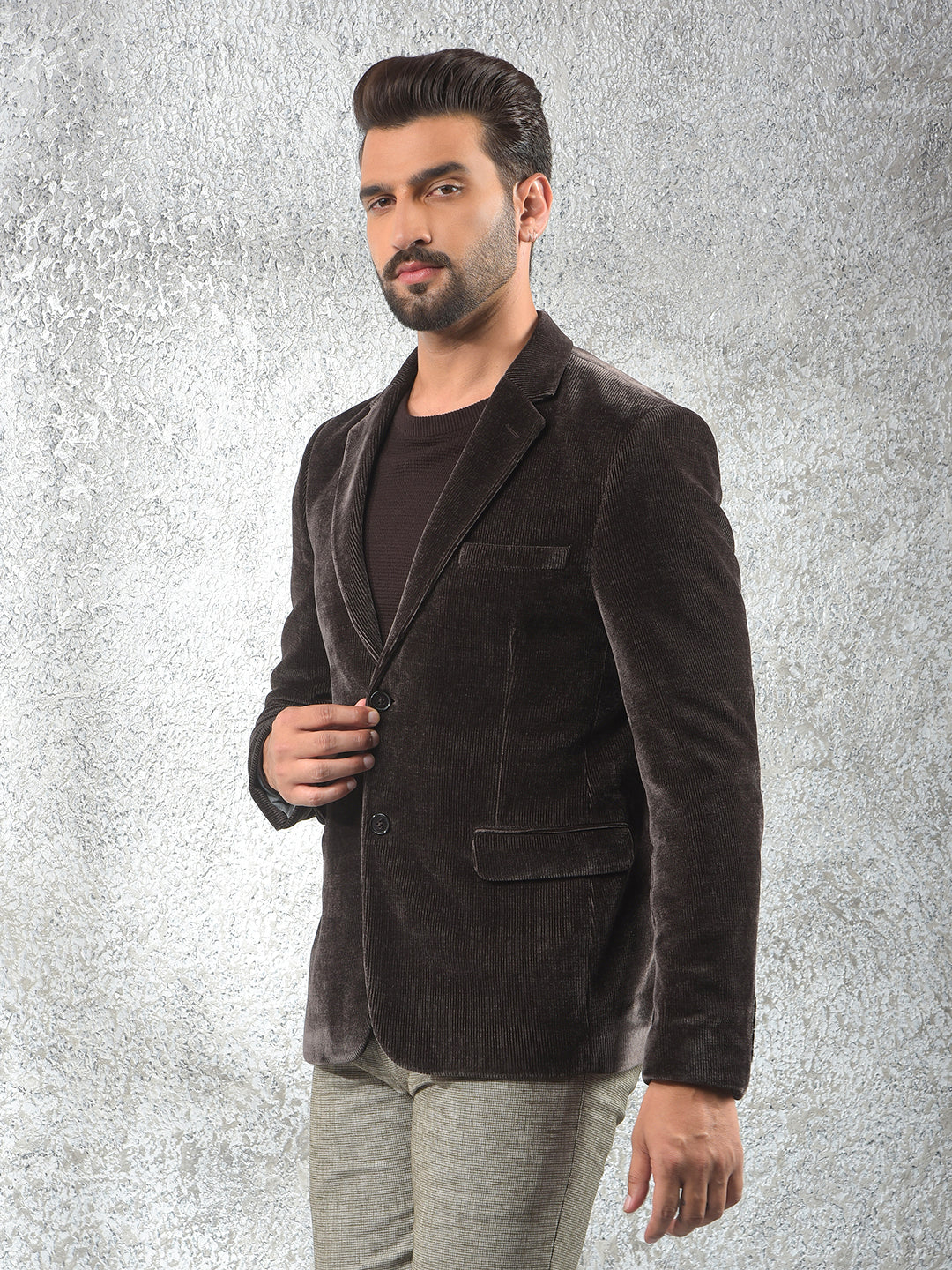 Wine Notched Lapel Knitted Single-Breasted Blazer