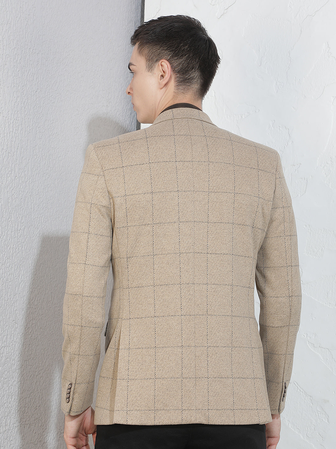 Beige Checked Notched Lapel Blazer