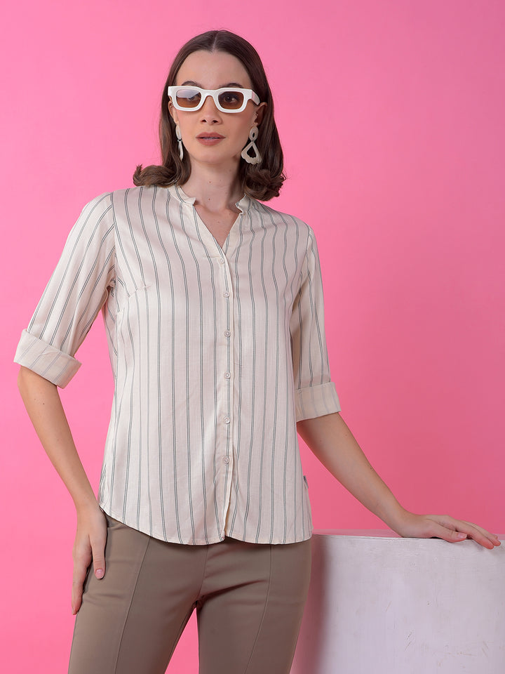 Off White Vertical Stripes V-Neck Shirt