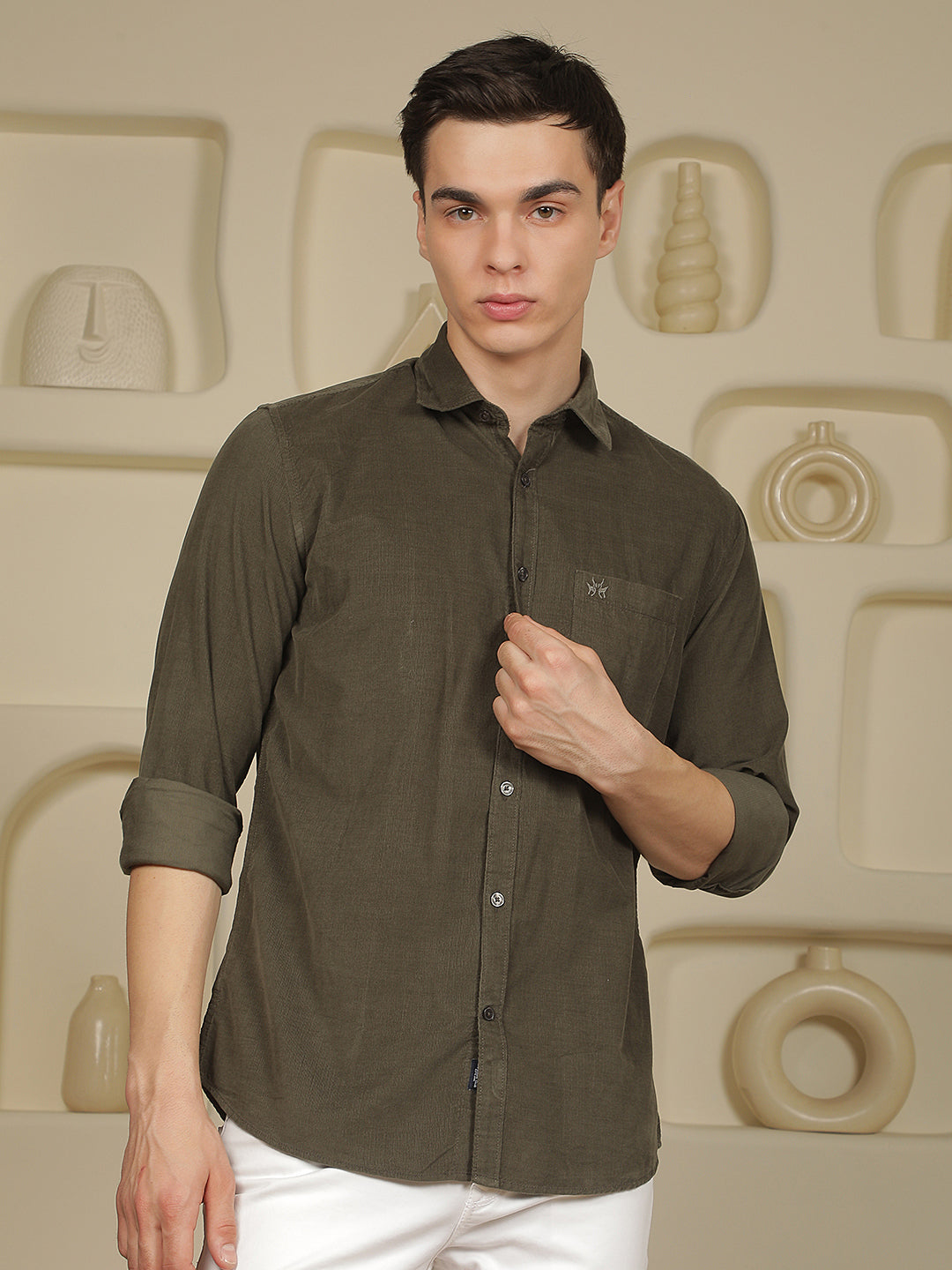 Sleek Forest Olive Corduroy Shirt