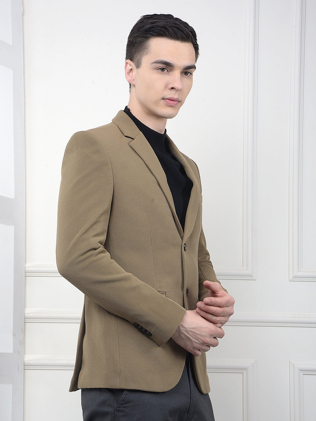 Brown Printed Notched Lapel Single Breasted Blazer