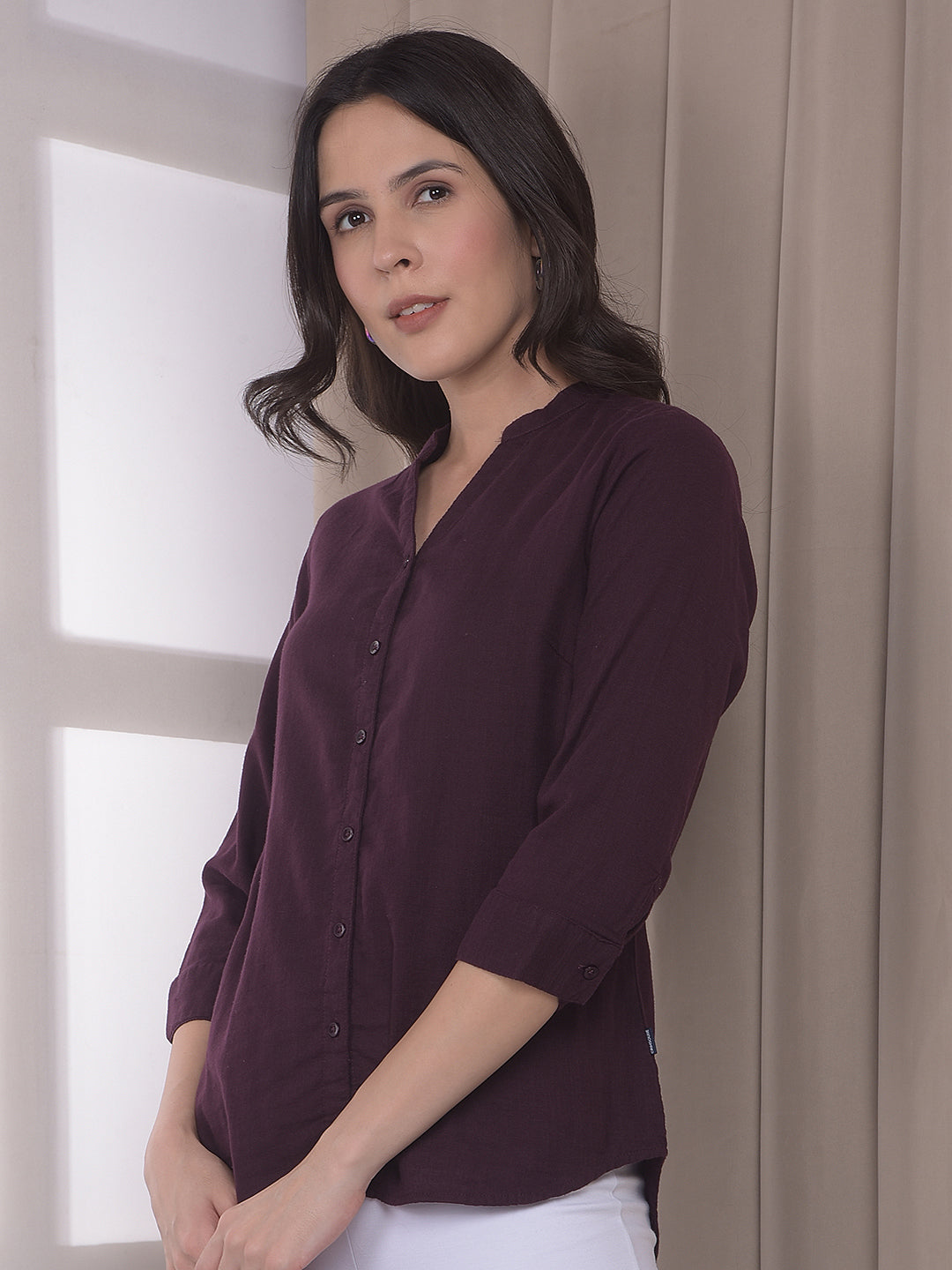 Wine V-Neck 100% Cotton Shirt