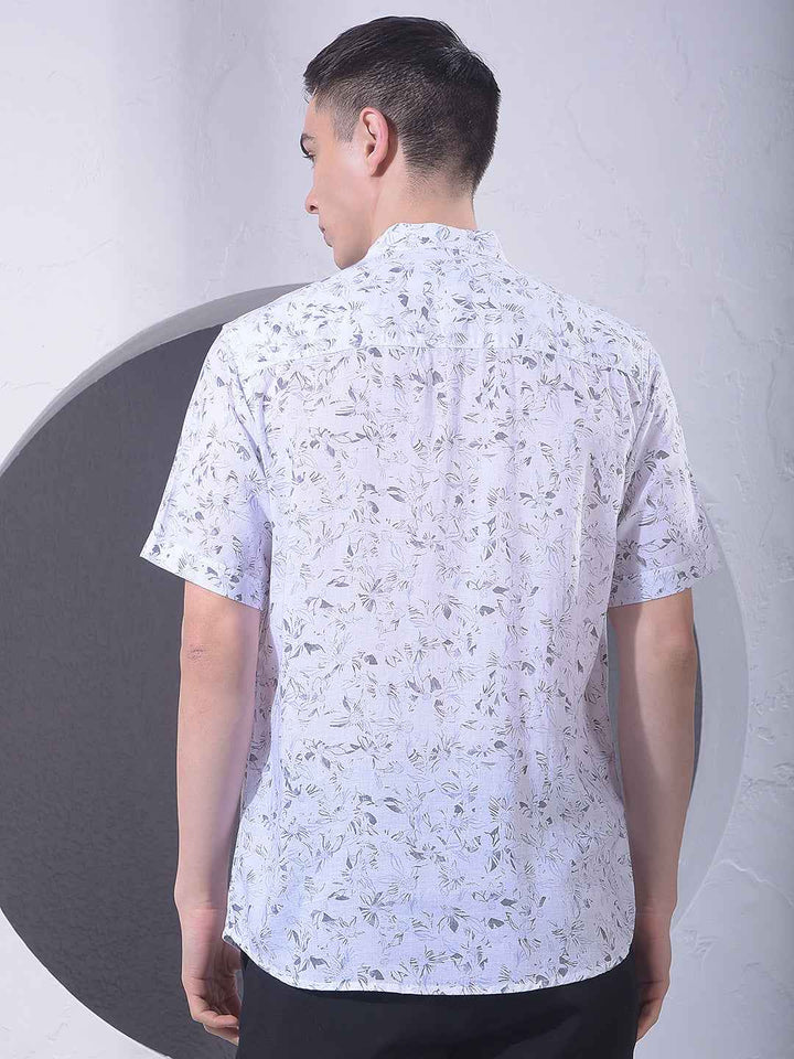 White Floral Print Linen Kurta