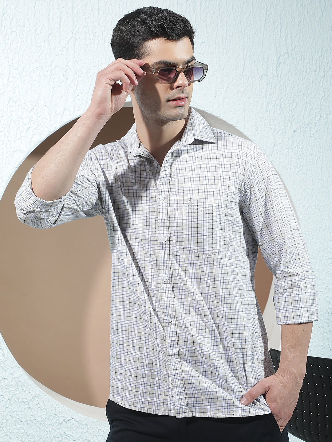 Beige 100% Cotton Checked Shirt