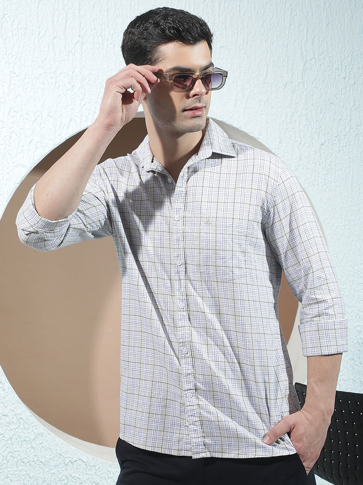 Beige 100% Cotton Checked Shirt